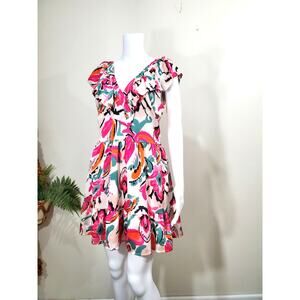 TCEC Women's Floral Ruffle Short-Sleeve Pink V-Neck Dress Size Large